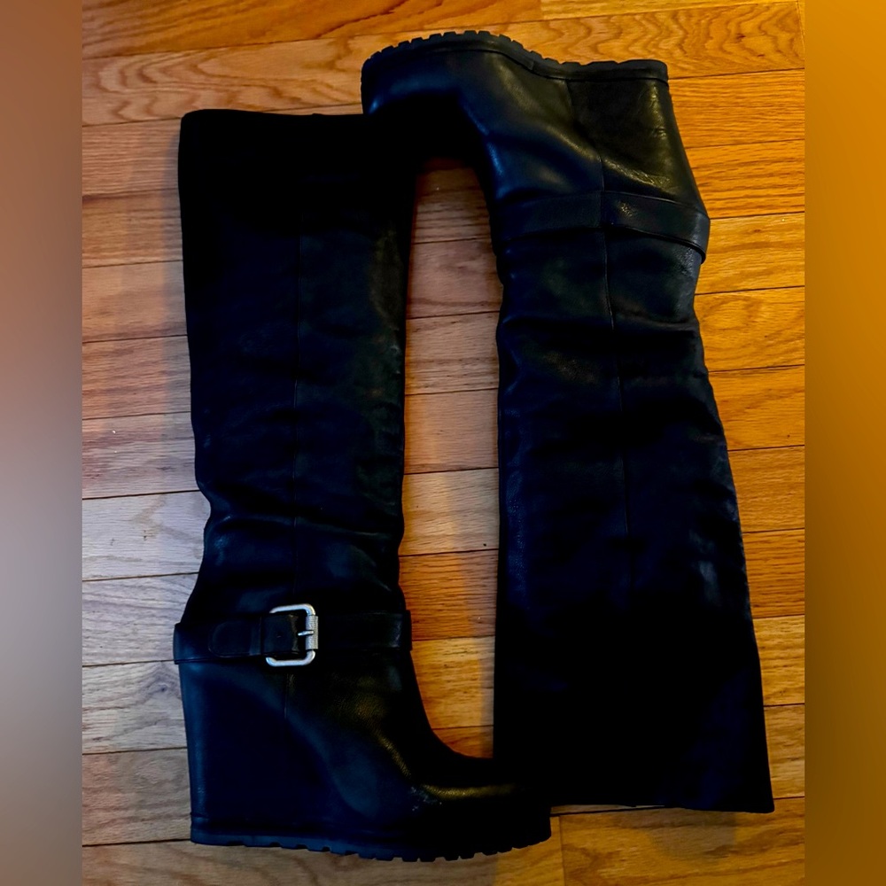 Black Wedge heel knee high boots, 5 inch heel, 19 inches long
